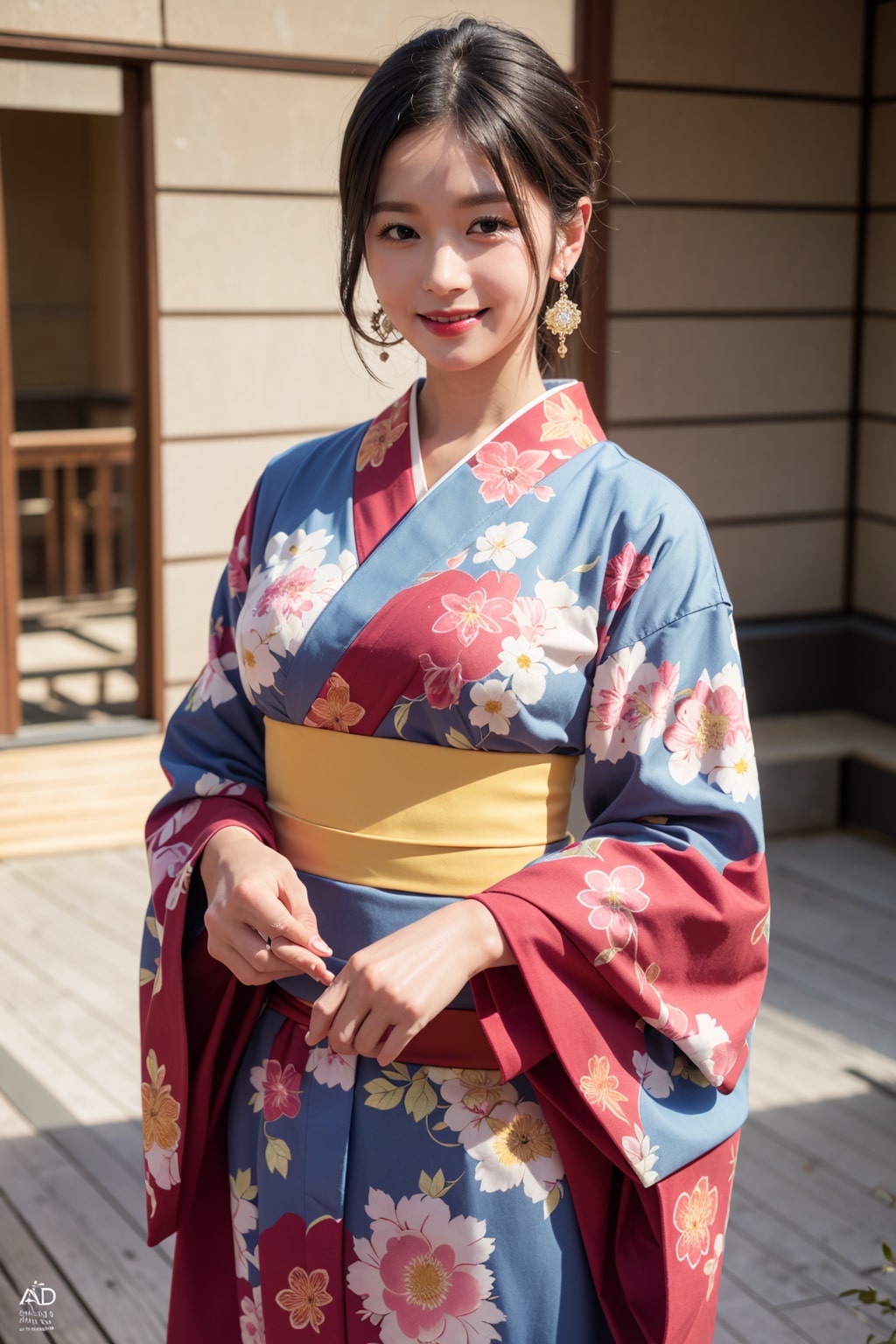 Create a photo of a woman in a blue kimono generated by artificial intelligence