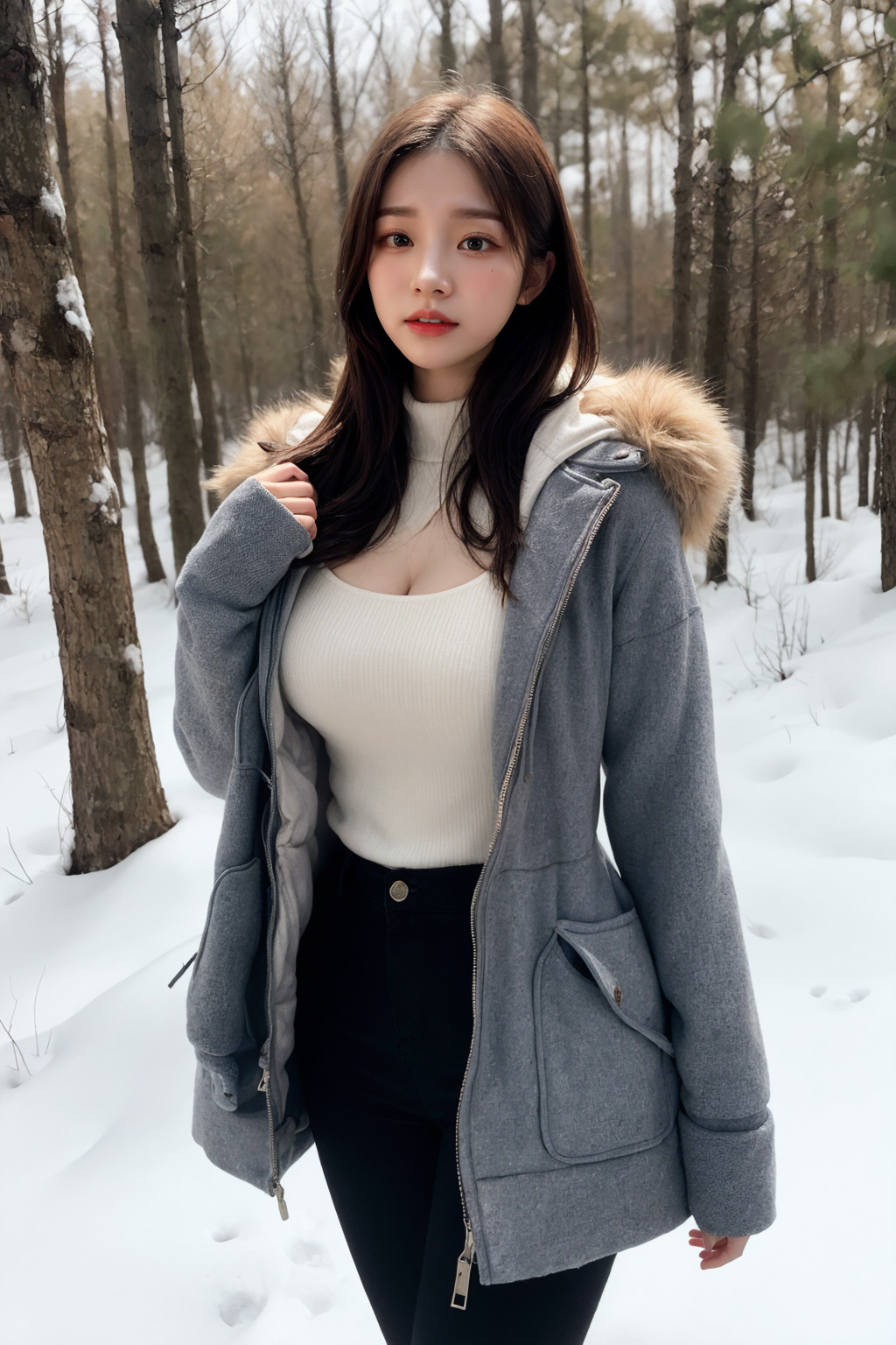 A woman wearing a coat in a winter forest created by AI.