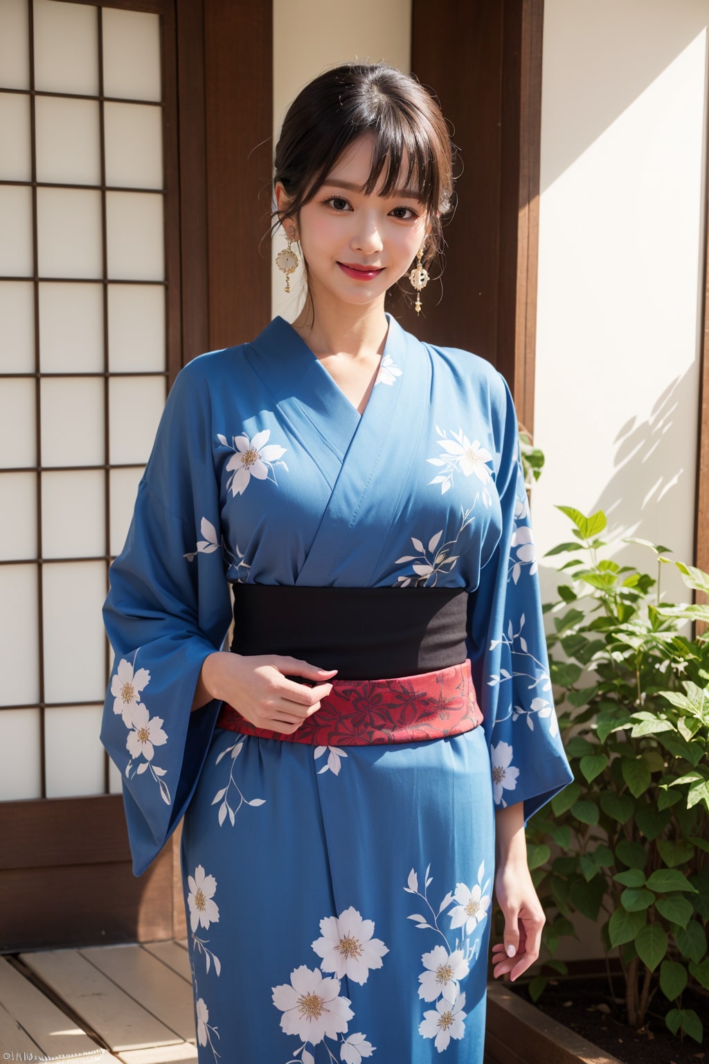 Create a photo of a woman in a blue kimono generated by artificial intelligence