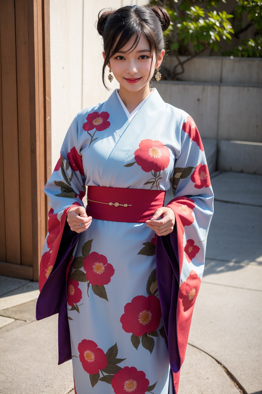 Create a photo of a woman in a blue kimono generated by artificial intelligence