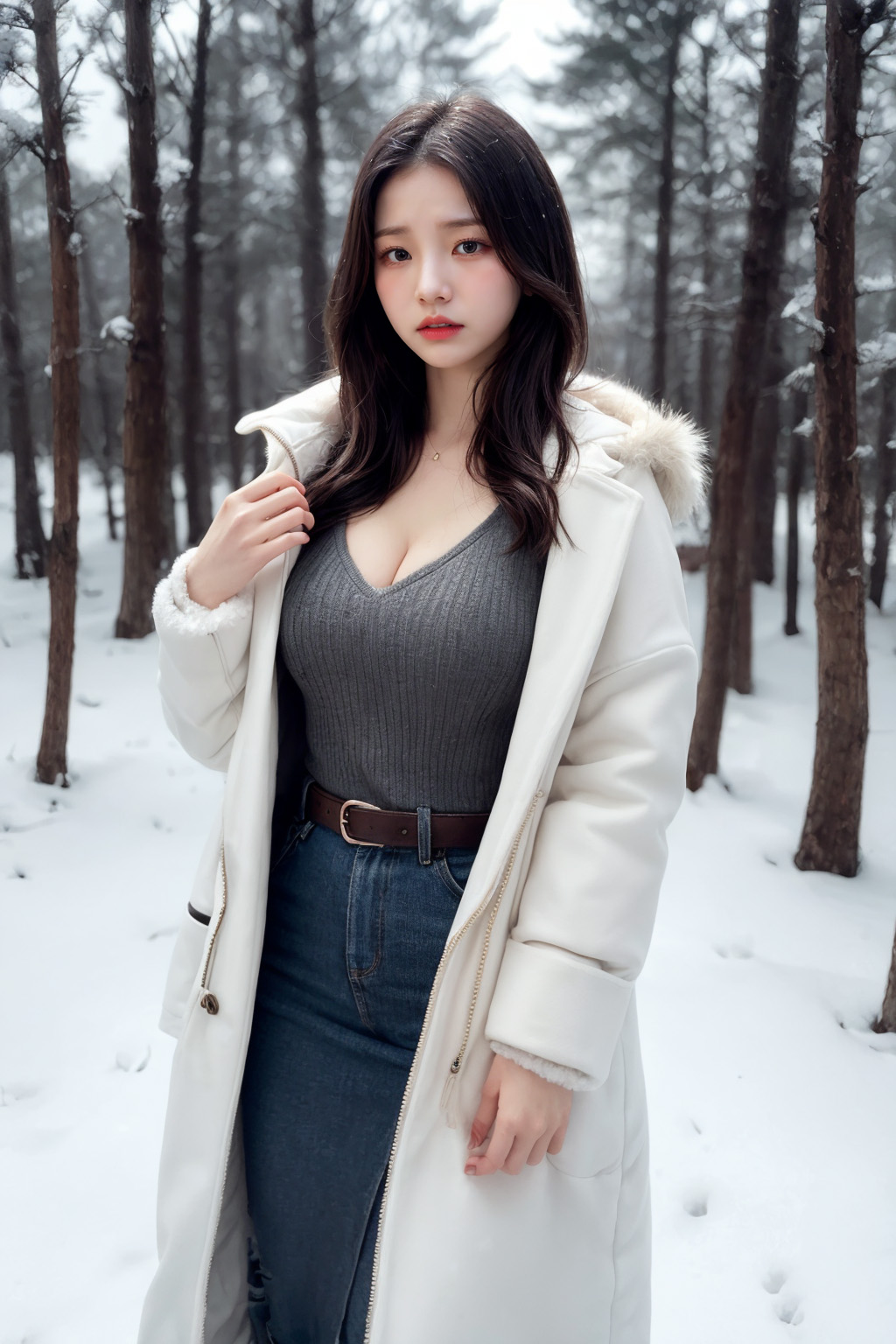 A woman wearing a coat in a winter forest created by AI.