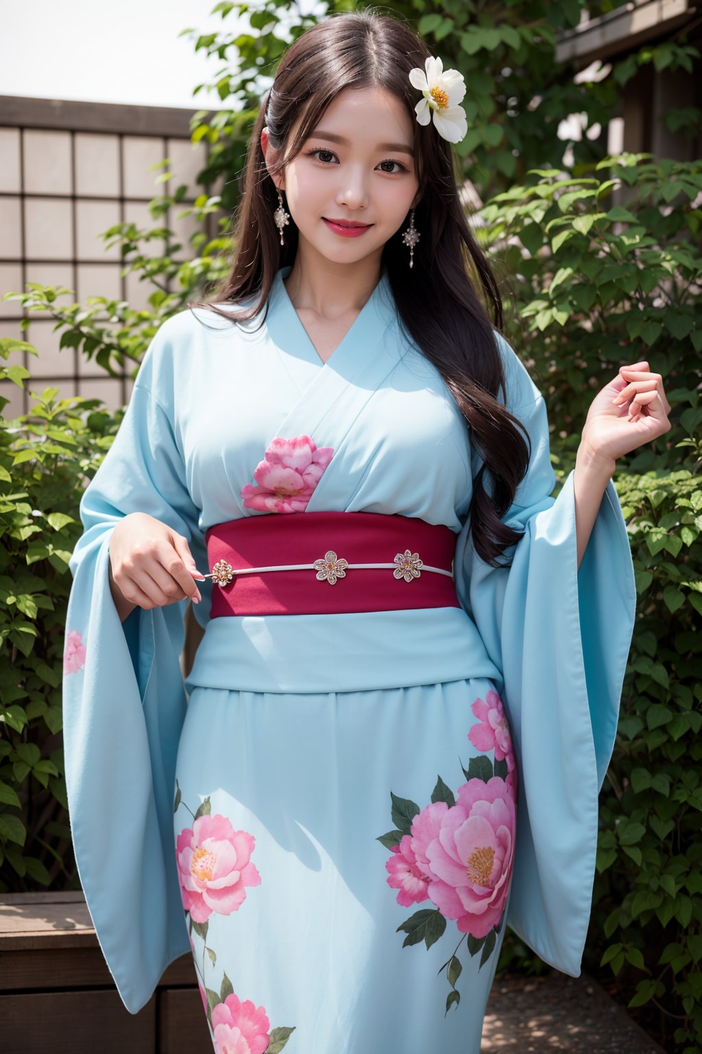 Create a photo of a woman in a blue kimono generated by artificial intelligence