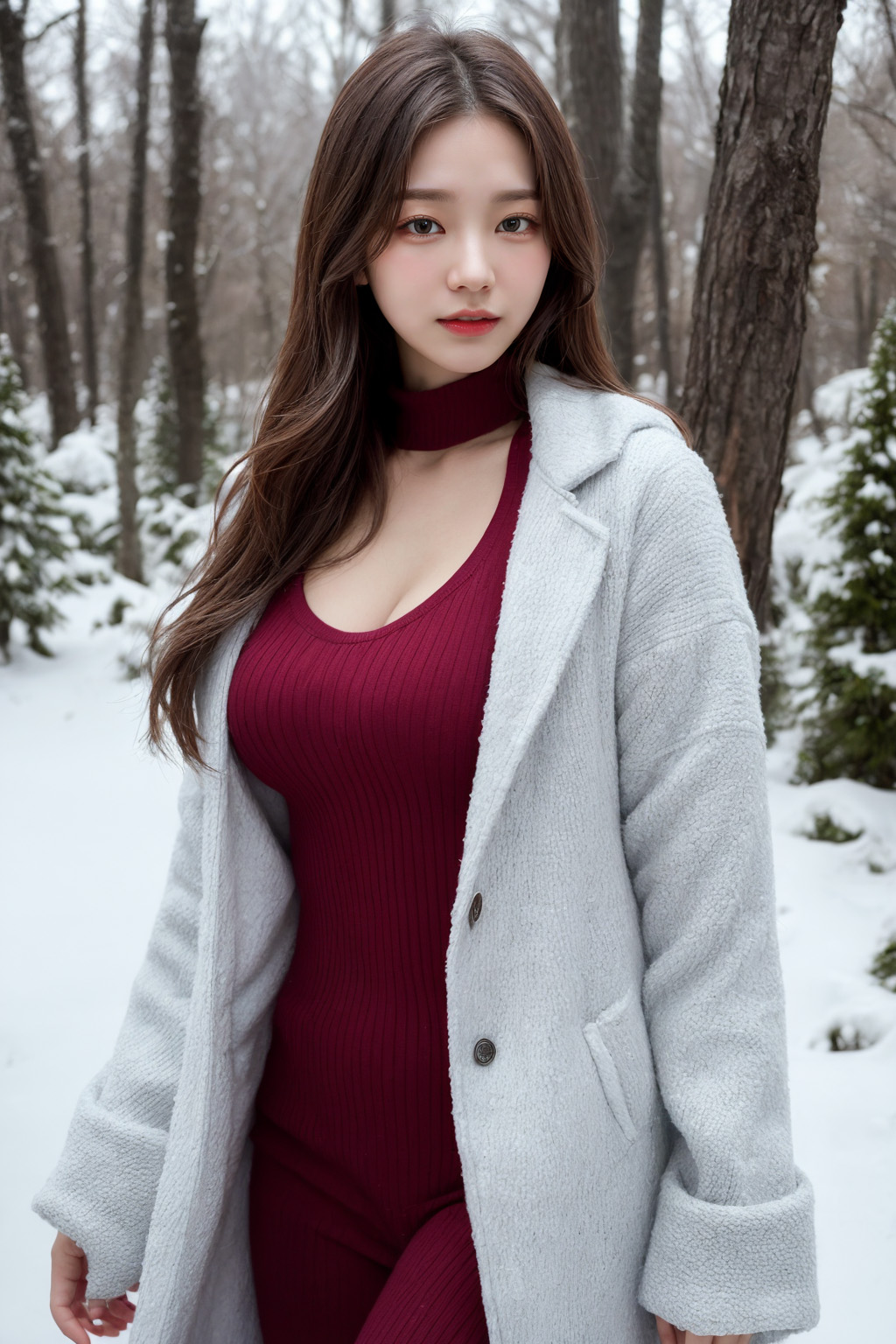 A woman wearing a coat in a winter forest created by AI.