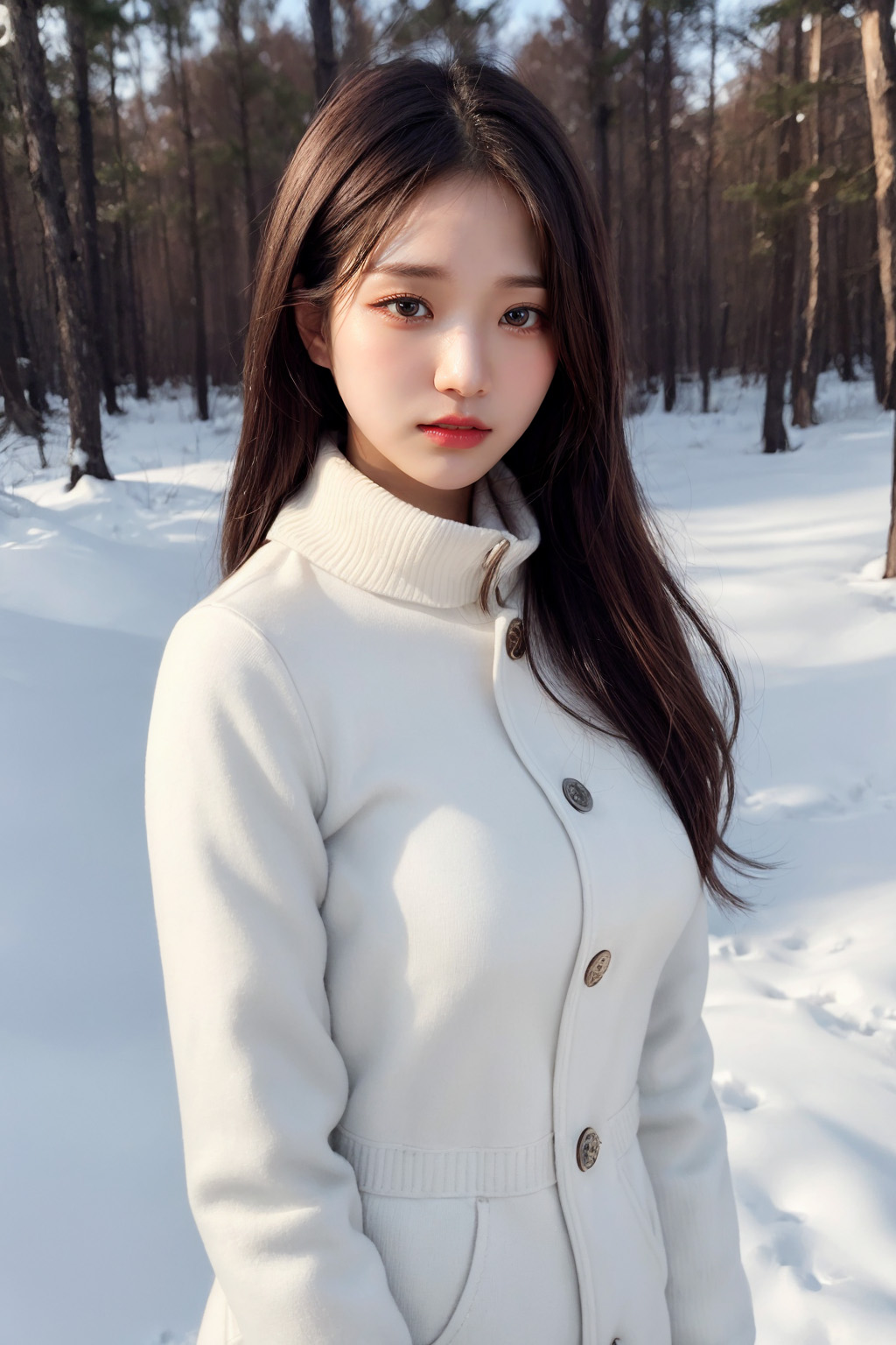 A woman wearing a coat in a winter forest created by AI.