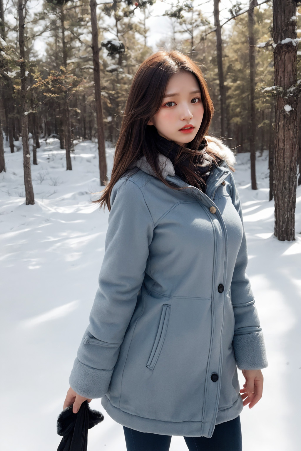 A woman wearing a coat in a winter forest created by AI.