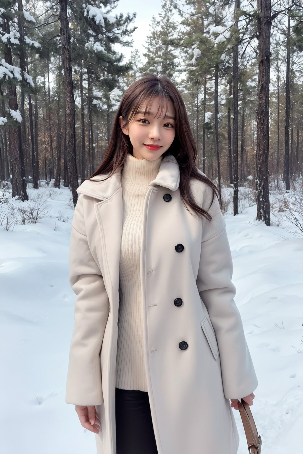 A woman wearing a coat in a winter forest created by AI.