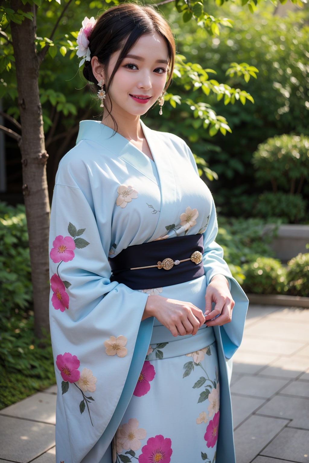 Create a photo of a woman in a blue kimono generated by artificial intelligence