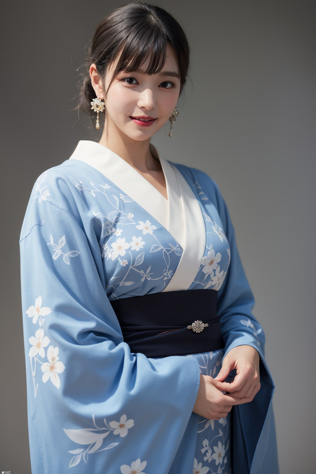 Create a photo of a woman in a blue kimono generated by artificial intelligence