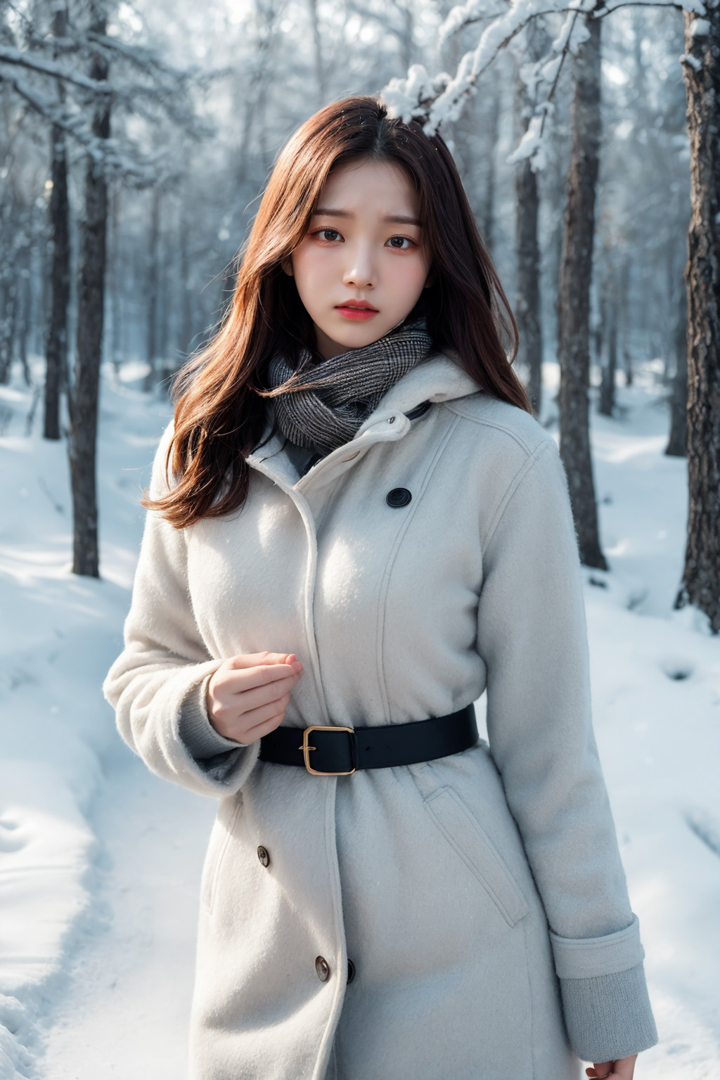 A woman wearing a coat in a winter forest created by AI.