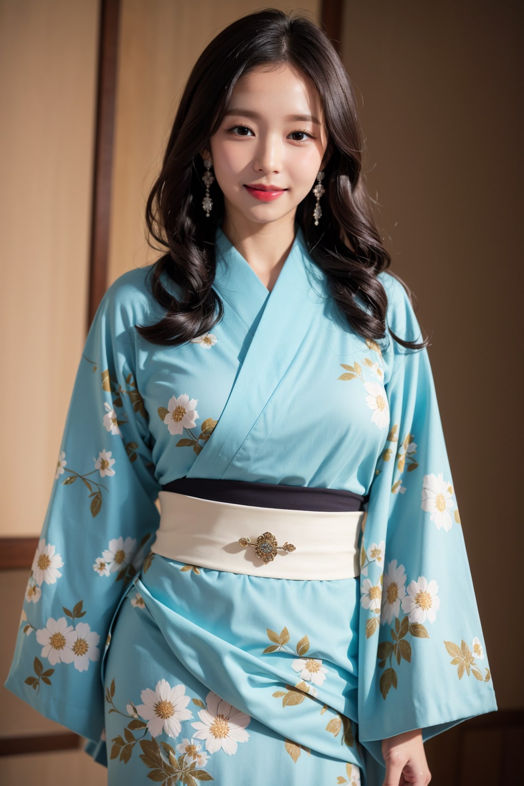 Create a photo of a woman in a blue kimono generated by artificial intelligence