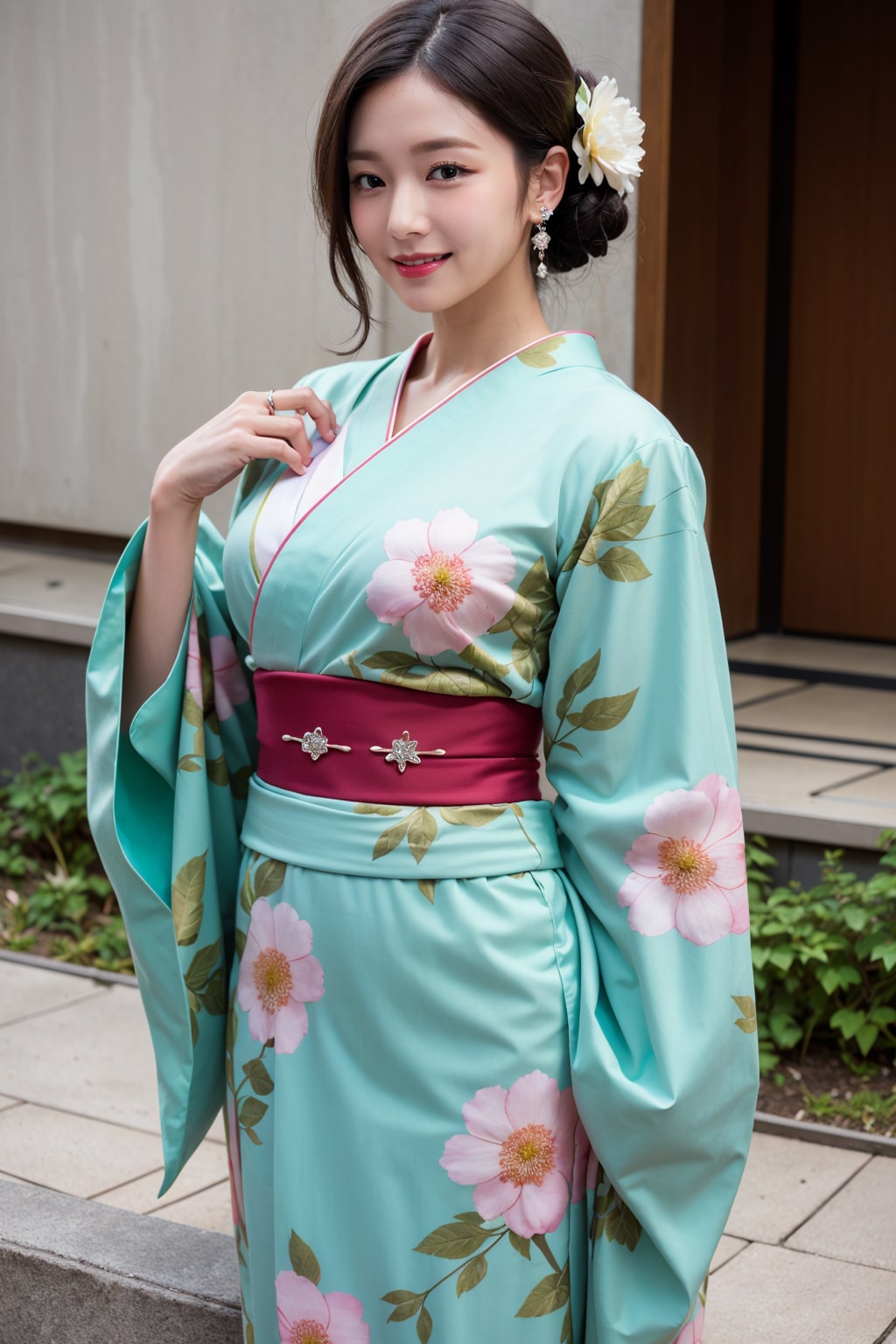 Create a photo of a woman in a blue kimono generated by artificial intelligence