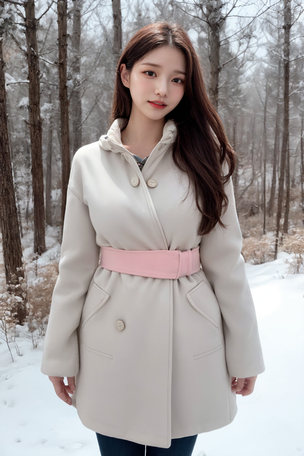 A woman wearing a coat in a winter forest created by AI.