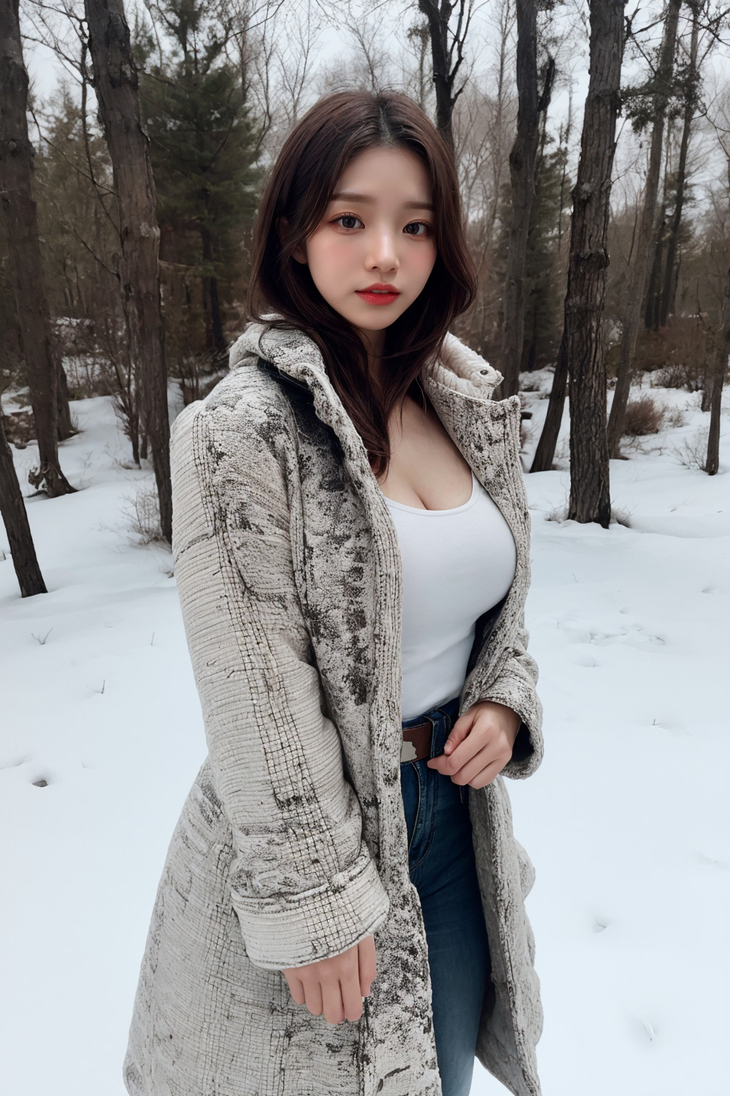 A woman wearing a coat in a winter forest created by AI.