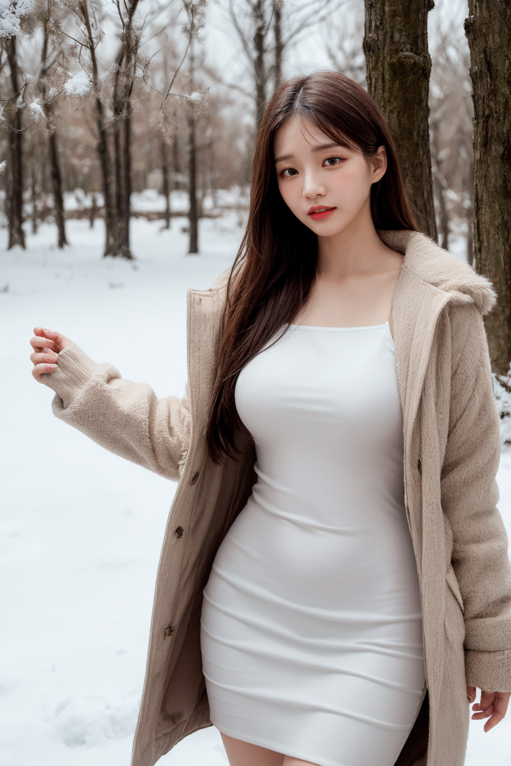 A woman wearing a coat in a winter forest created by AI.