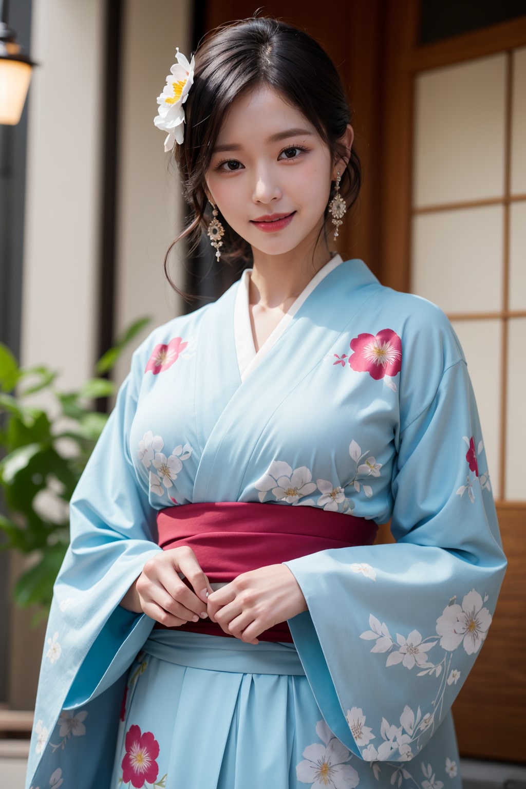 Create a photo of a woman in a blue kimono generated by artificial intelligence