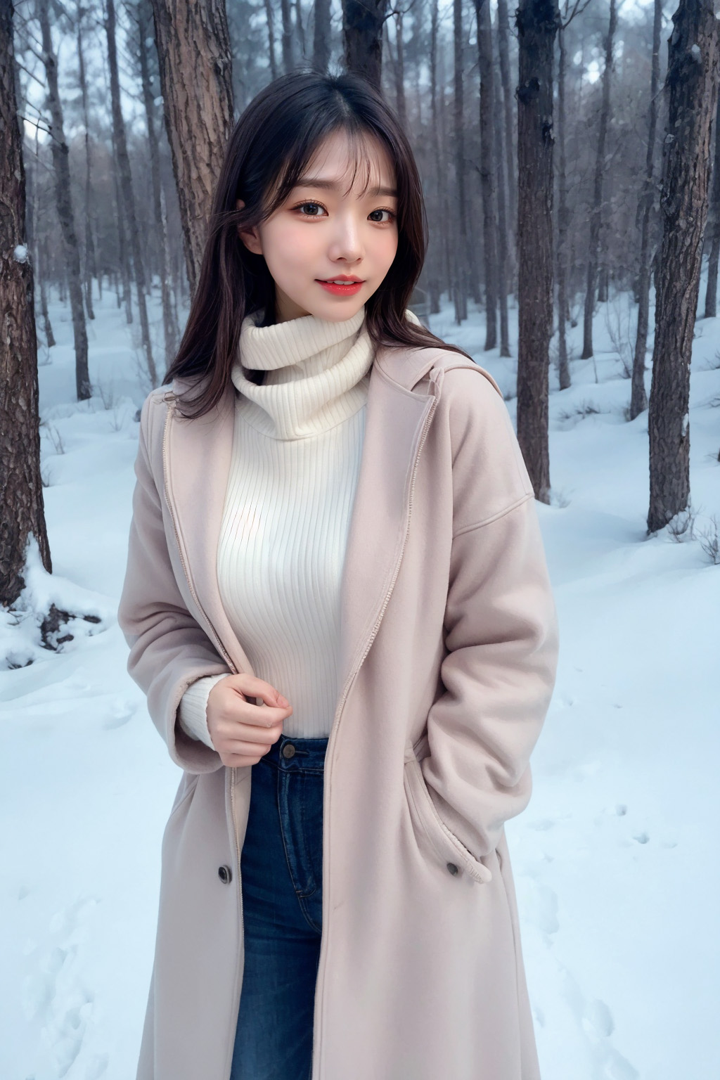 A woman wearing a coat in a winter forest created by AI.